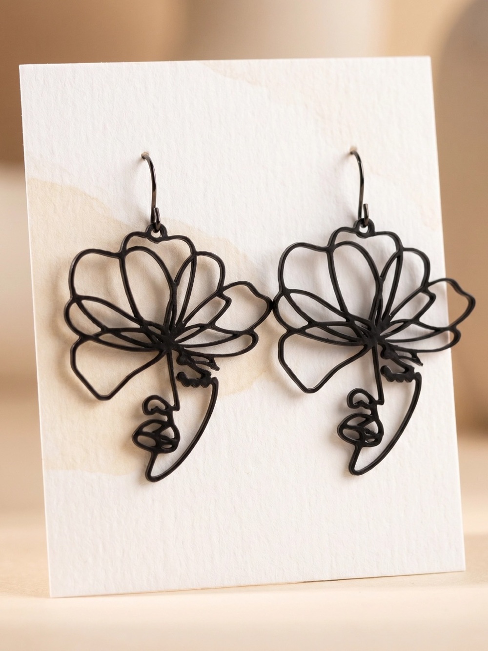 Black Floral Face Outline Dangle Earrings - Women Jewelry